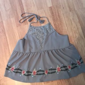 Love & Promises Grey Peplum Embroidered Top